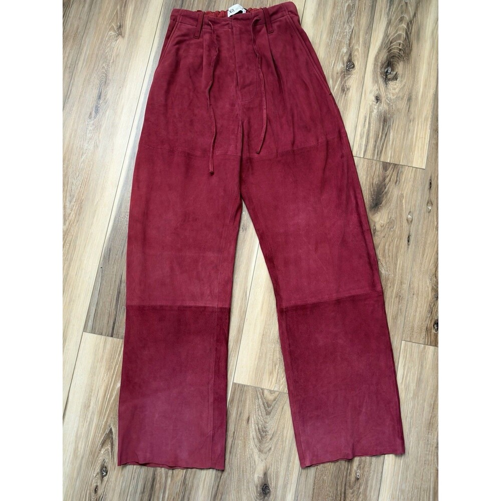ZARA Studio Goat Suede Leather Trousers Maroon Red Drawstring Wide Leg XS 24 NWT